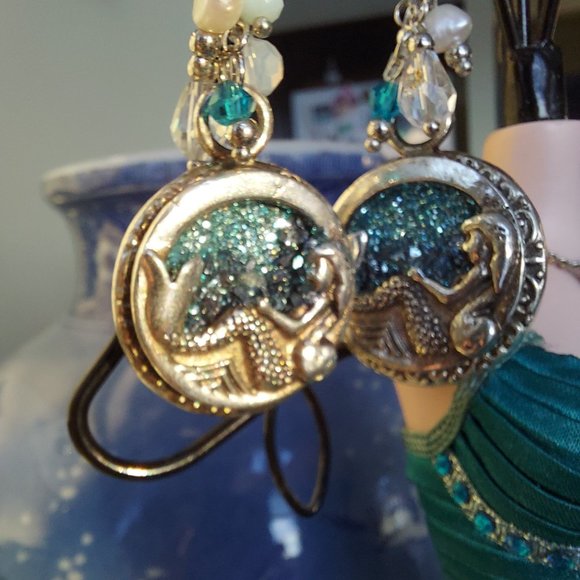 Blue druzy Mermaid Dangle drop Earrings Hypoallergenic Stainless Steel J Hooks - Picture 8 of 10